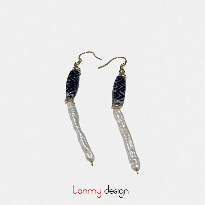 Long Pearl and Ceramic  Earrings 